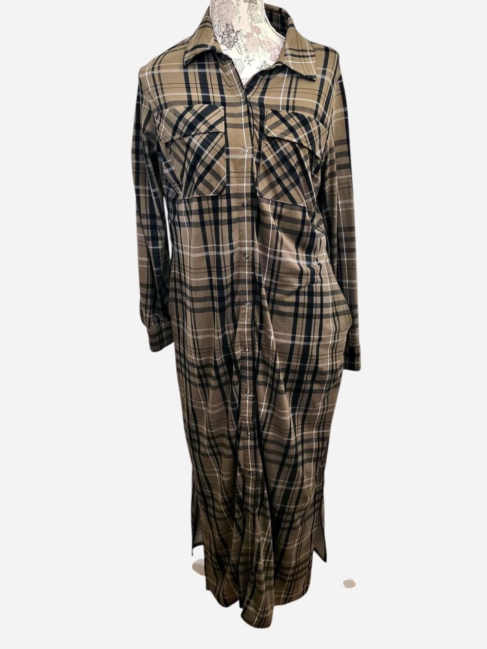 Plaid Button-Front Long Shirt Dress in Brown